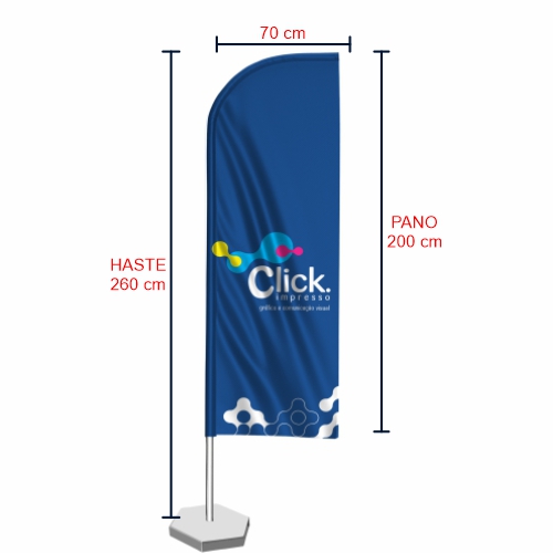 Wind Banner medindo 70cm x 260cm total, tecido mendindo 70xmx200cm, com uma lâmina de tecido no meio para que nao apareça o outro lado, e base em concretoe base em concreto.